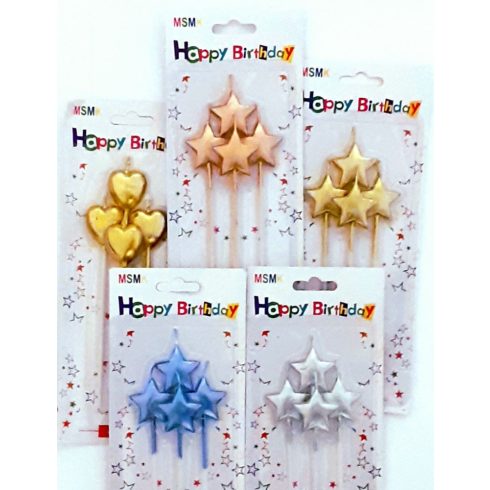 Tortagyertya, csillag, ,szív ,különféle színekben 4db-os ,15cm