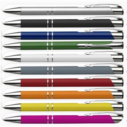 Alumínium golyóstoll többféle színben, 2 csíkos, írás színe: kék