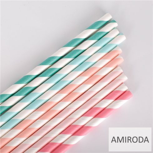 Papír szívószál , csíkos,  24db/csomag, vegyes színekben