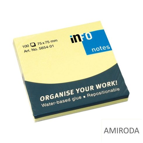 Öntapadós jegyzettömb, 76x76mm, 100 lap, sárga INFO NOTES