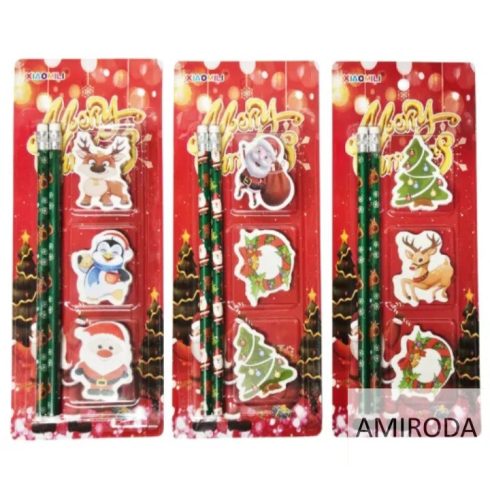 Karácsonyi szett, 2db grafitceruza +3db radír 