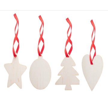   Nyírfából készült karácsonyfadísz piros színű szalaggal, különféle figurák, 1db