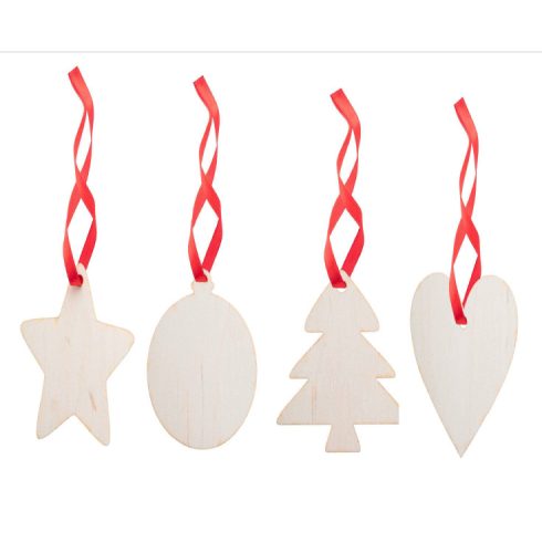 Nyírfából készült karácsonyfadísz piros színű szalaggal, különféle figurák, 1db