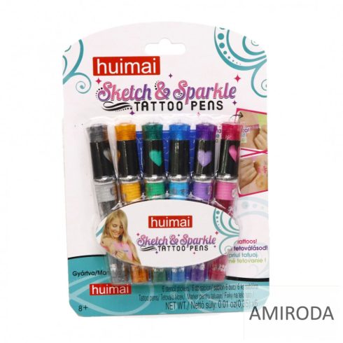 Tetováló csillámos toll készlet, 6 szín + 6db sablon, lemosható