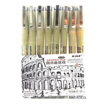   BAILE "Graphic pen", tűhegyű filctoll készlet, 8db-os, 0,05-1,0 mm-ig + ecsetvégű, fekete pigment