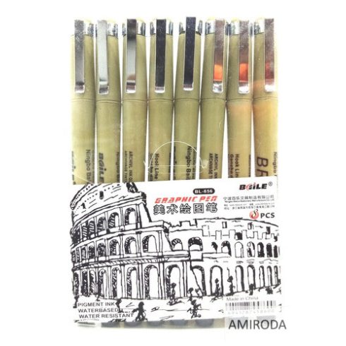 BAILE "Graphic pen", tűhegyű filctoll készlet, 8db-os, 0,05-1,0 mm-ig + ecsetvégű, fekete pigment