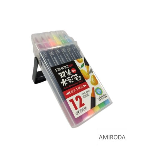 AIHAO kétvégű filctoll, tartóban, 12színű 