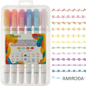   Kétoldalas, tűhegyű (0,3mm)  + görgős filctoll készlet, horoszkóp mintával, 12db-os 