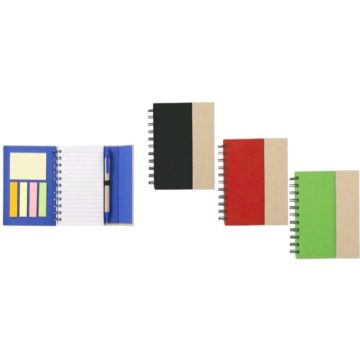   A6 méretű 60 lapos spirálfüzet, öntapadó jegyzettömbbel, 4x25 lapos jelölőlap tömbbel, mágneses záródással, golyóstollal 