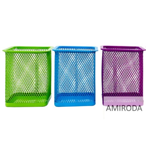 Asztali fémhálós írószertartó kosár, színes, szögletes