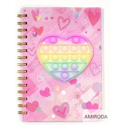 A5 méretű vonalas, kemény fedeles spirál notesz, különféle pop-it, pattinthatós , nyomogathatós borítóval -SZÍV