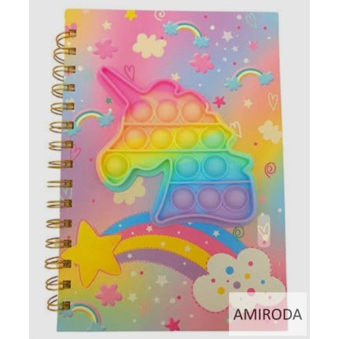 A5 méretű vonalas, kemény fedeles spirál notesz, különféle pop-it, pattinthatós , nyomogathatós borítóval -UNIKORNIS
