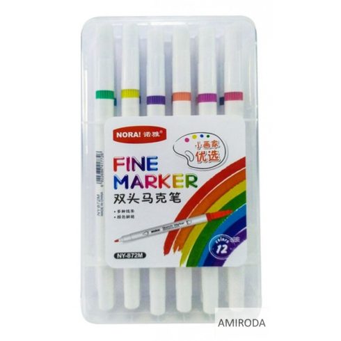 NORA 12db-os filctoll készlet, kétvégű, normál és vágott hegyű, 12 szín, műanyag tartóban