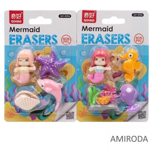 QIHAO radír szett, 4db-os, "MERMAID"  figurák mérete kb 4cm x 1,5cm - kifutó