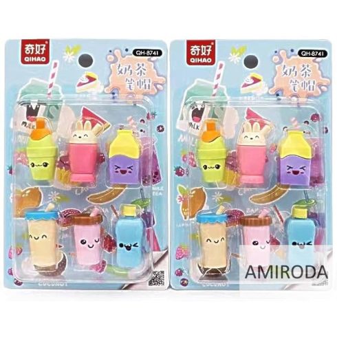 QIHAO radírkészlet, MILK TEA 6db,ceruzavégre húzható , 4cm-es figurák
