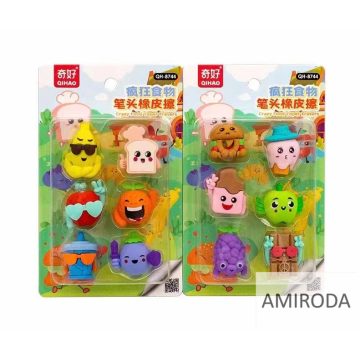   QIHAO radírkészlet, CRAZY FOOD 6db,ceruzavégre húzható , 3cm-es figurák