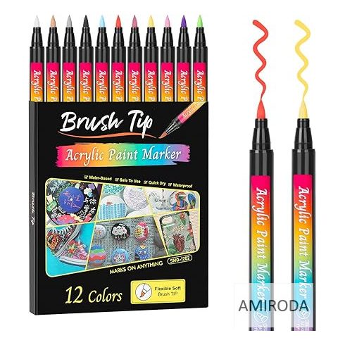 Akril marker készlet, 12db-os, ecsetvégű, 1-6mm,