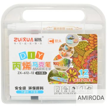   Akril marker, 12 db-os  készlet + 1db fekete kétvégű alkoholos filctoll 